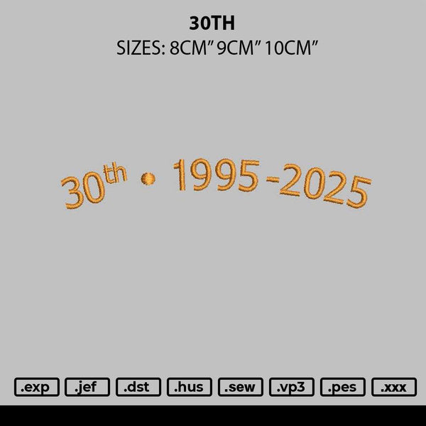 30th Embroidery File 3 sizes