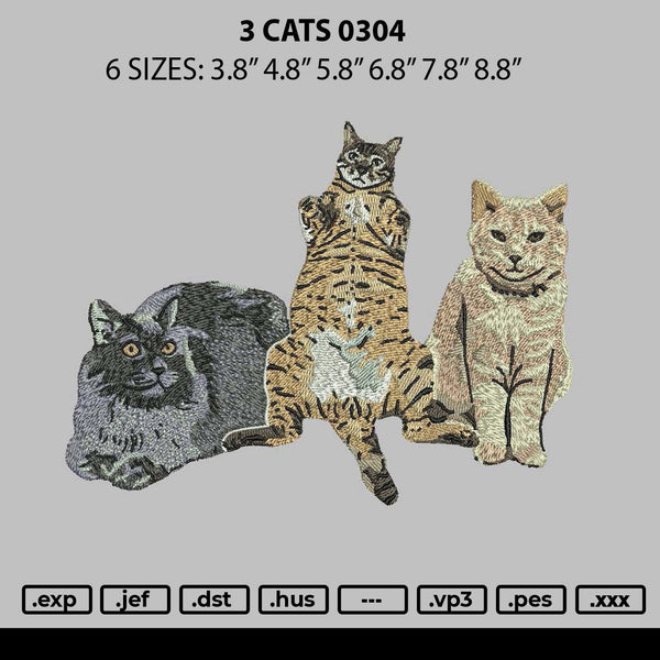 3 Cats 0304 Embroidery File 6 sizes