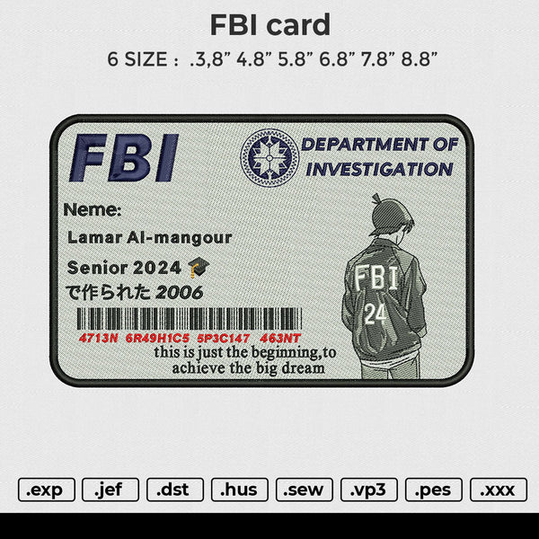 FBI card Embroidery File 6 size