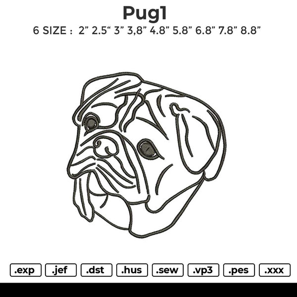 PUG1 Embroidery File 6 size