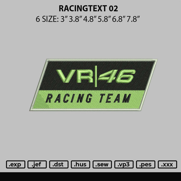 Racingtext 02 Embroidery File 6 sizes