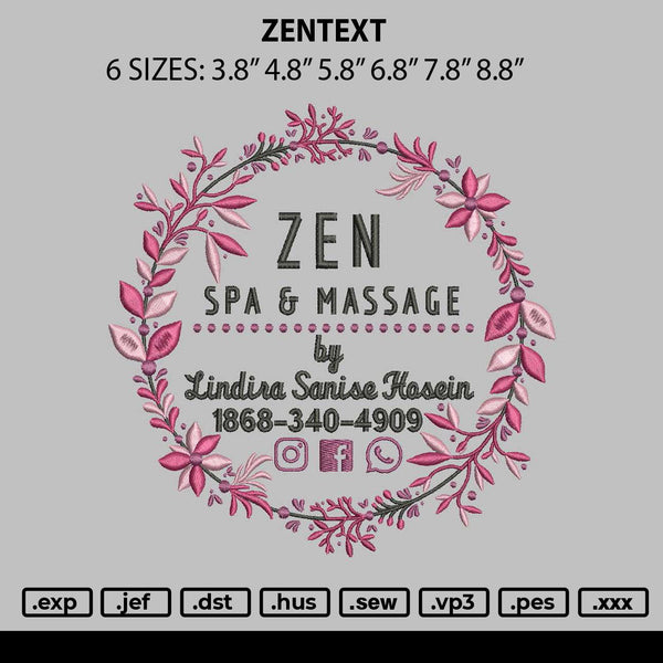 Zen Text Embroidery File 6 sizes