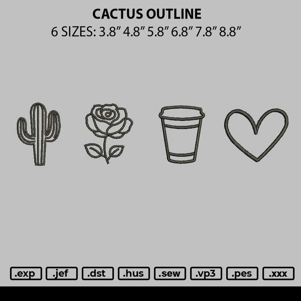 Cactus Outline Embroidery File 6 sizes