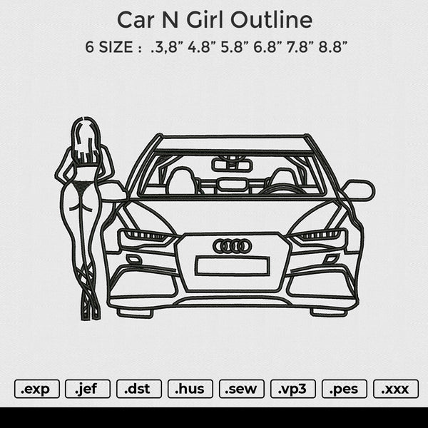 Car n Girl outline Embroidery File 6 size