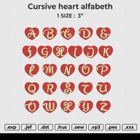 Cursive heart alfabeth A-Z Embroidery File 6 sizes