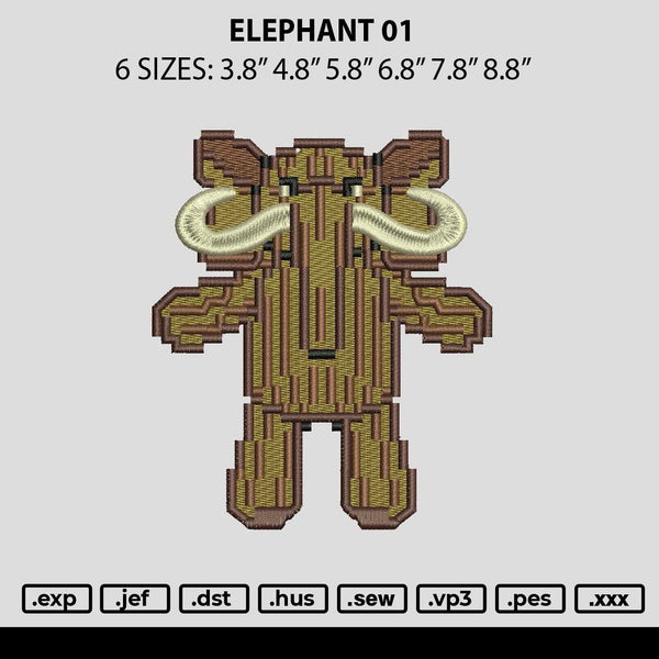 Elephant 01 Embroidery File 6 sizes