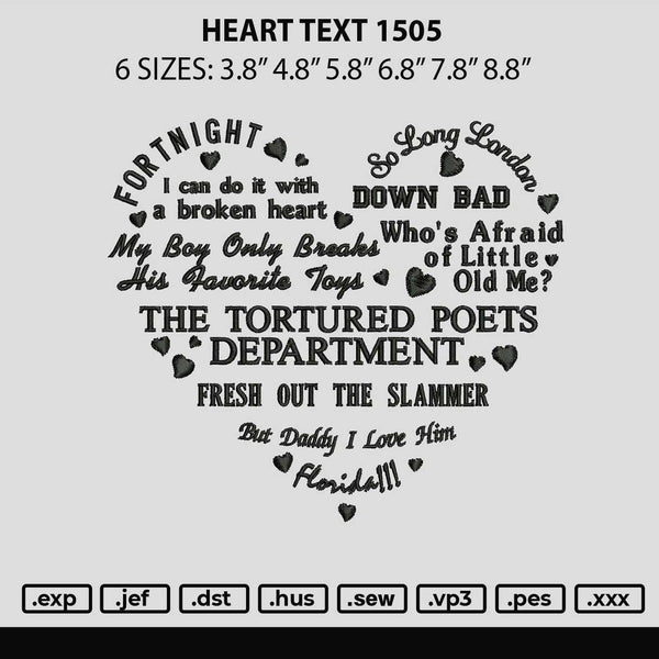 Heart Text 1505 Embroidery File 6 sizes