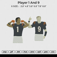 Player 1 And 9 Embroidery File 6 size