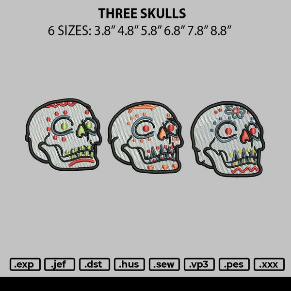 Three Skulls Embroidery File 6 sizes