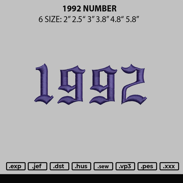 1992 Number Embroidery File 6 sizes