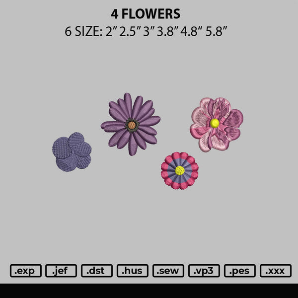 4 Flowers Embroidery File 6 sizes